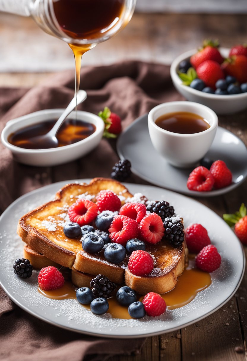 A plate of keto french toast with berries and a drizzle of sugar-free syrup on a wooden table