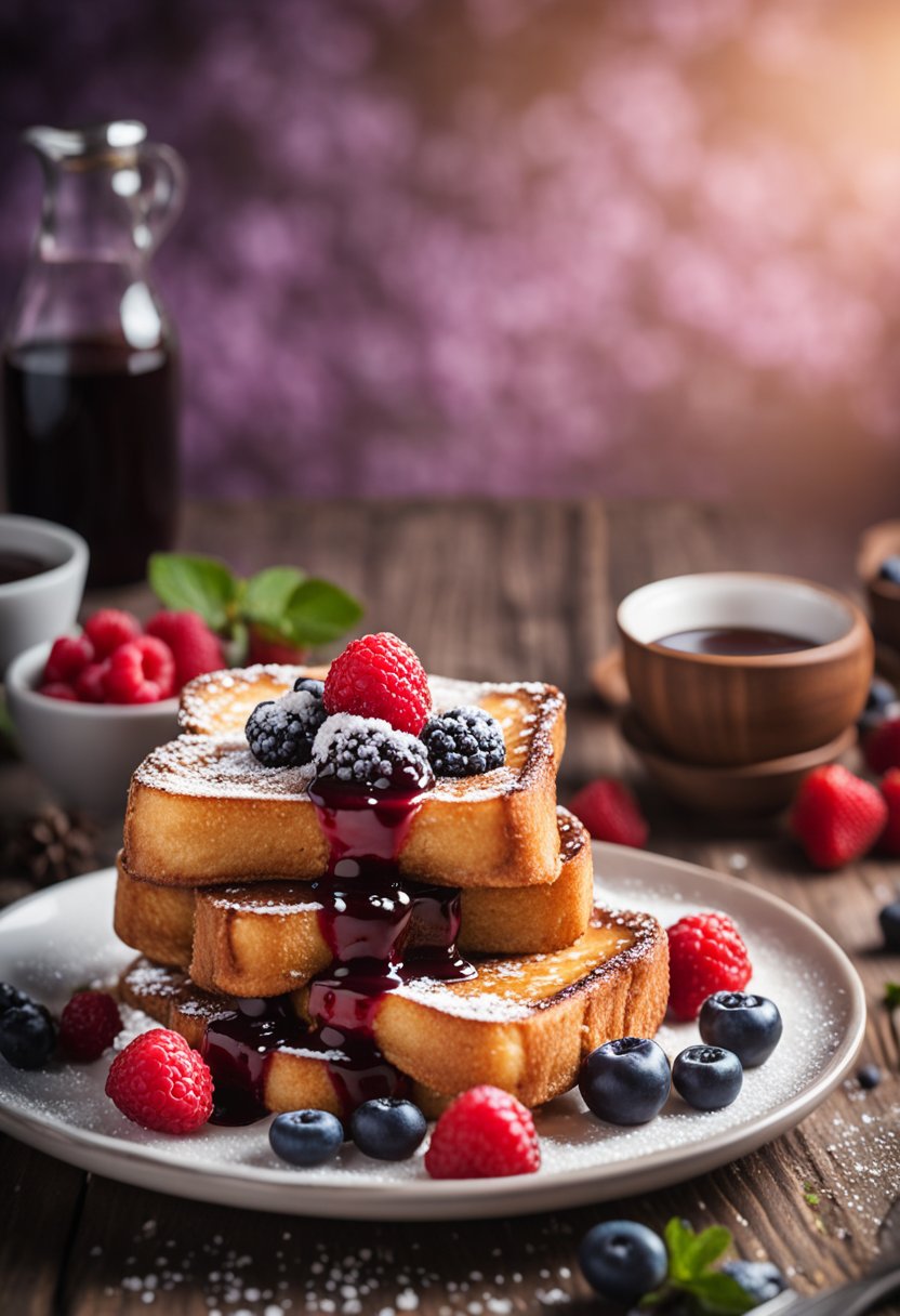 A plate of keto French toast topped with berries and drizzled with sugar-free syrup on a wooden table