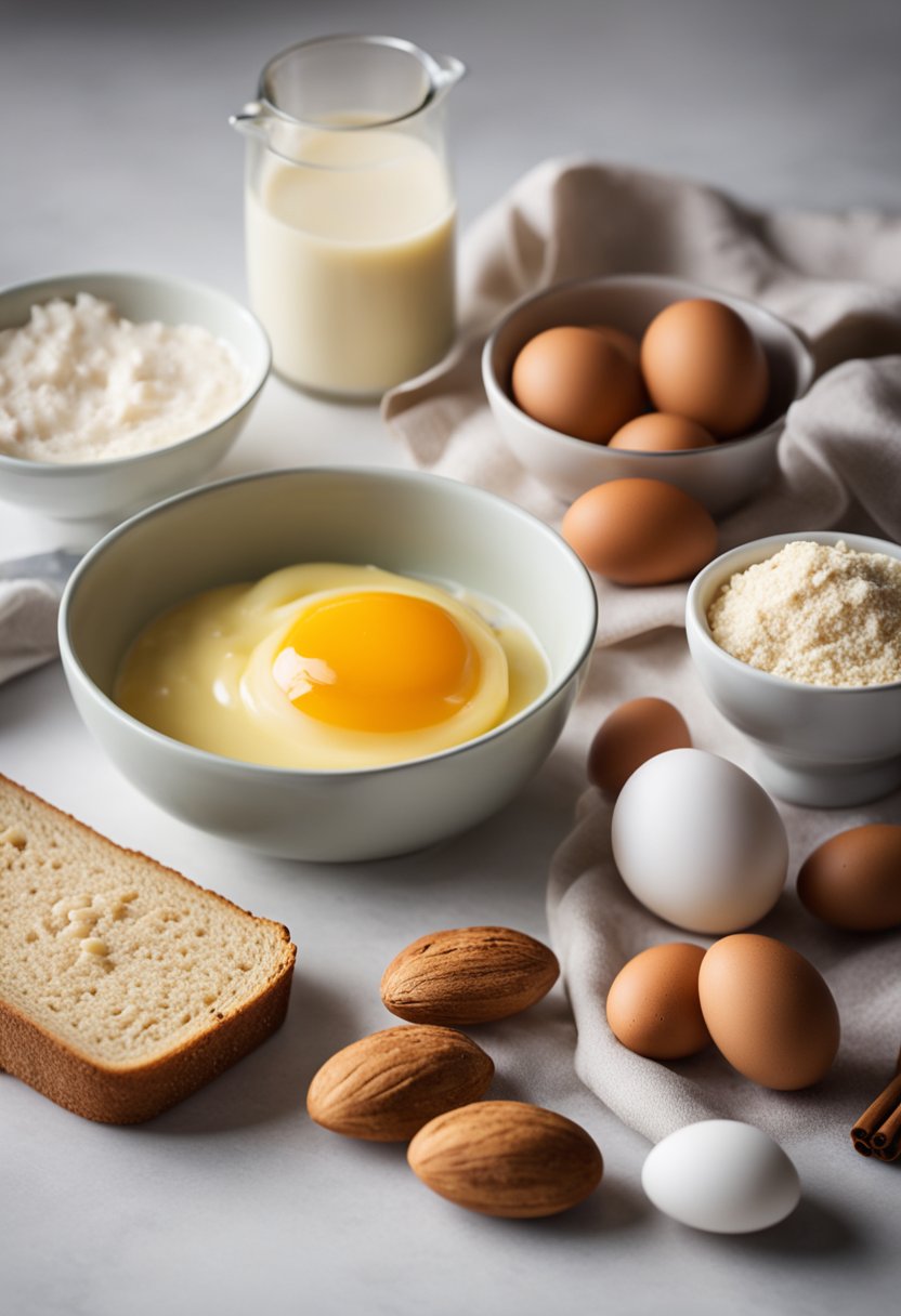 A kitchen counter with eggs, almond flour, cinnamon, and butter, alongside almond milk and a loaf of low-carb bread