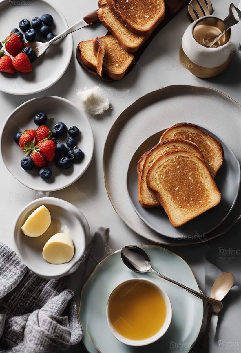 A kitchen counter with ingredients and utensils laid out for making keto french toast