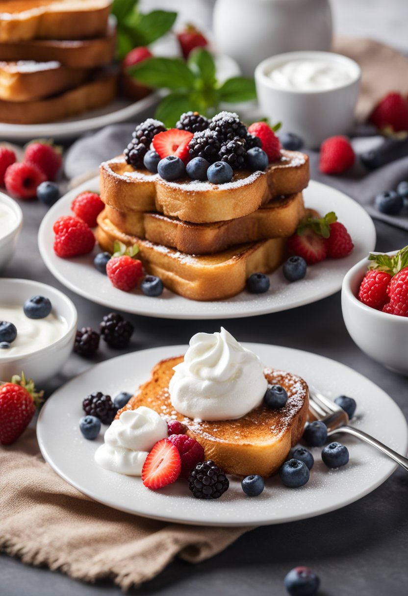 A plate of keto French toast surrounded by fresh berries and a dollop of whipped cream, with a side of sugar-free syrup