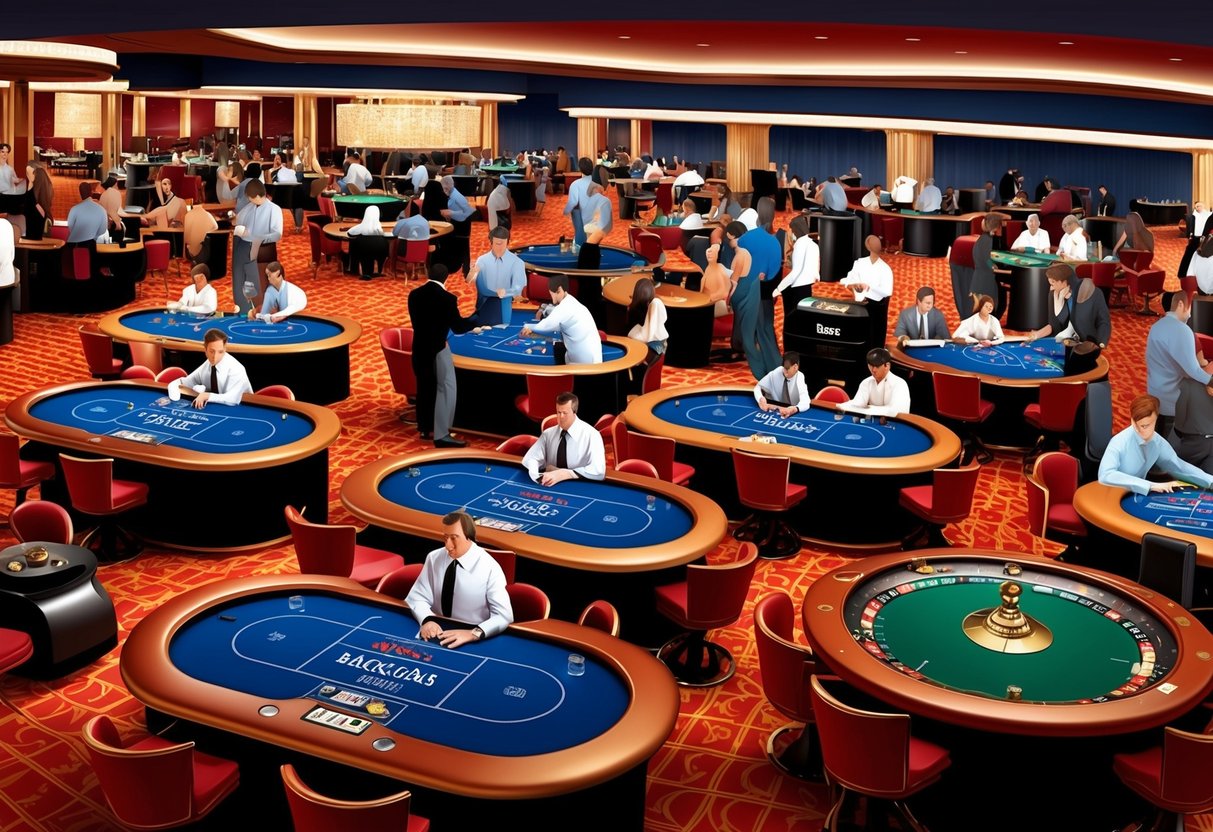 Un sol de casino animé avec des tables de blackjack, de poker et de roulette. Des joueurs se rassemblent autour, plaçant des paris et interagissant avec le croupier.