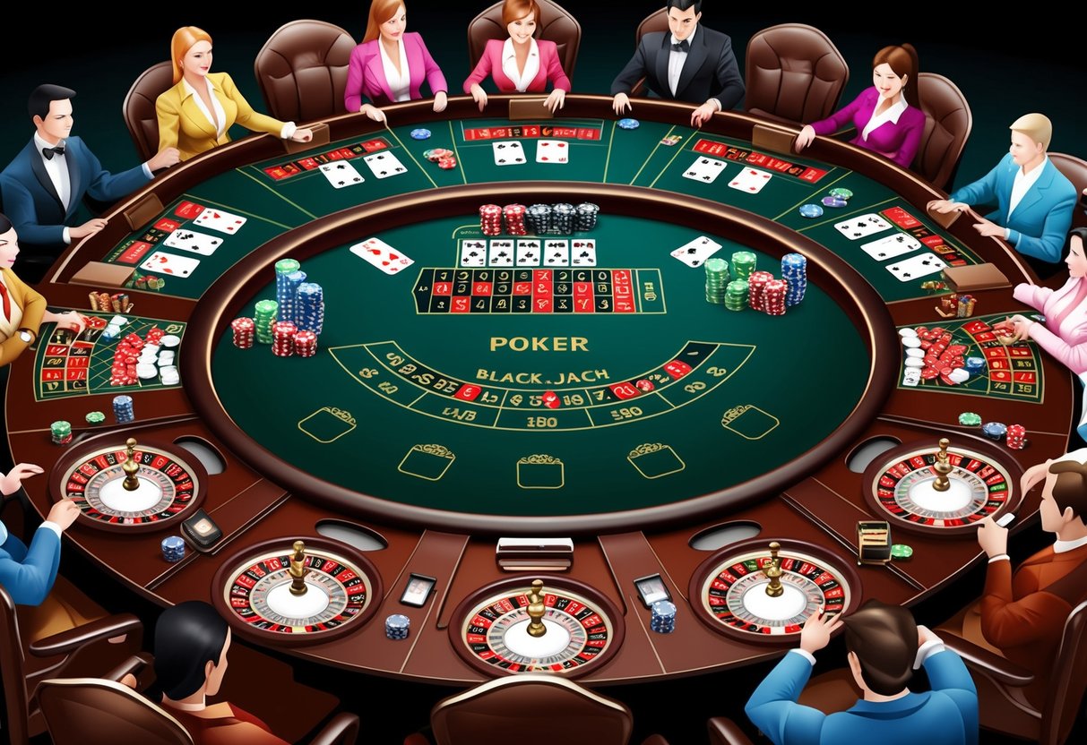 Une table de casino bondée avec divers jeux en cours, y compris le poker, le blackjack et la roulette. Des jetons et des cartes sont éparpillés sur les tables.