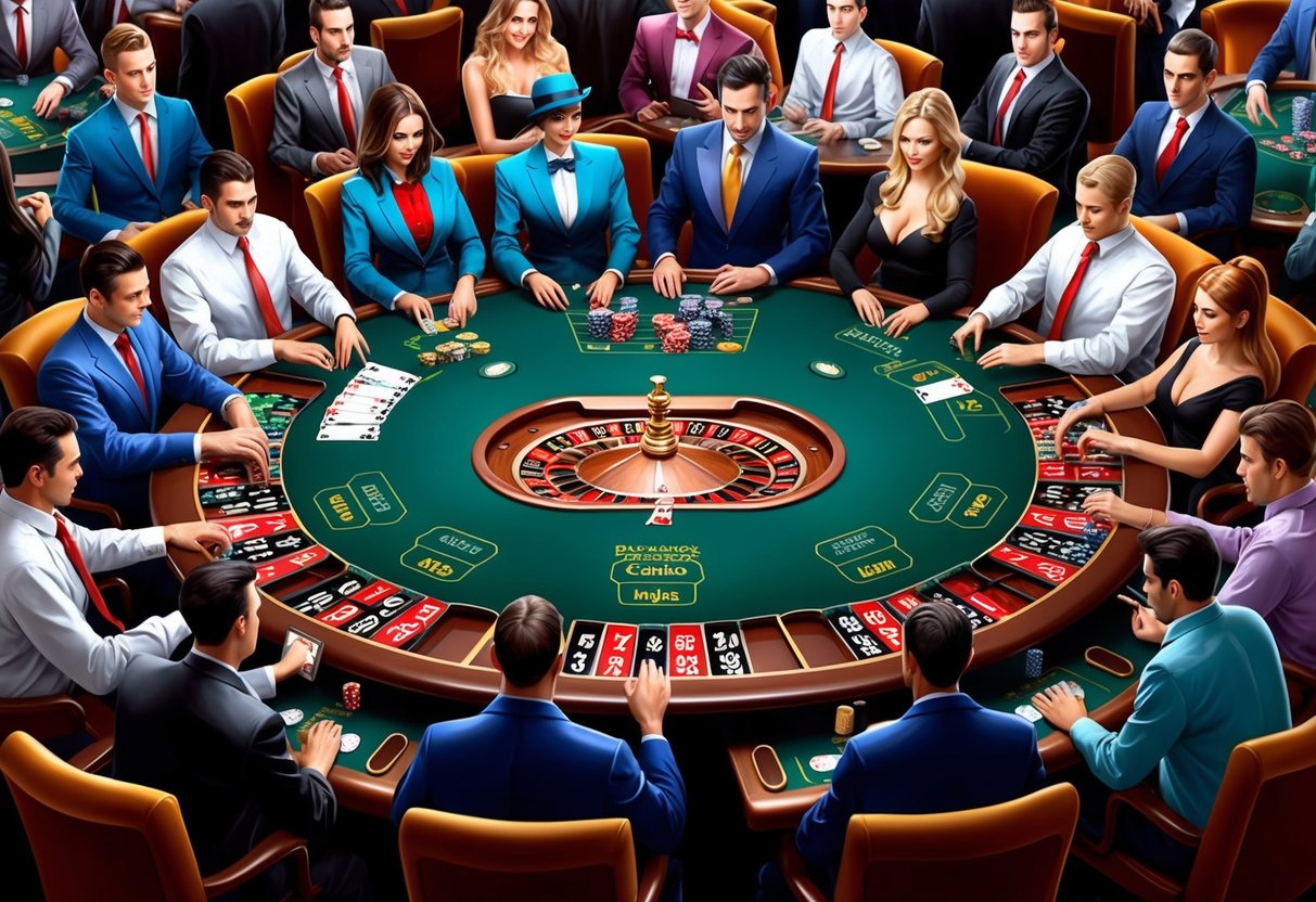 Une table de casino bondée entourée de joueurs et de croupiers, avec divers jeux tels que le poker, le blackjack et la roulette en cours de jeu.