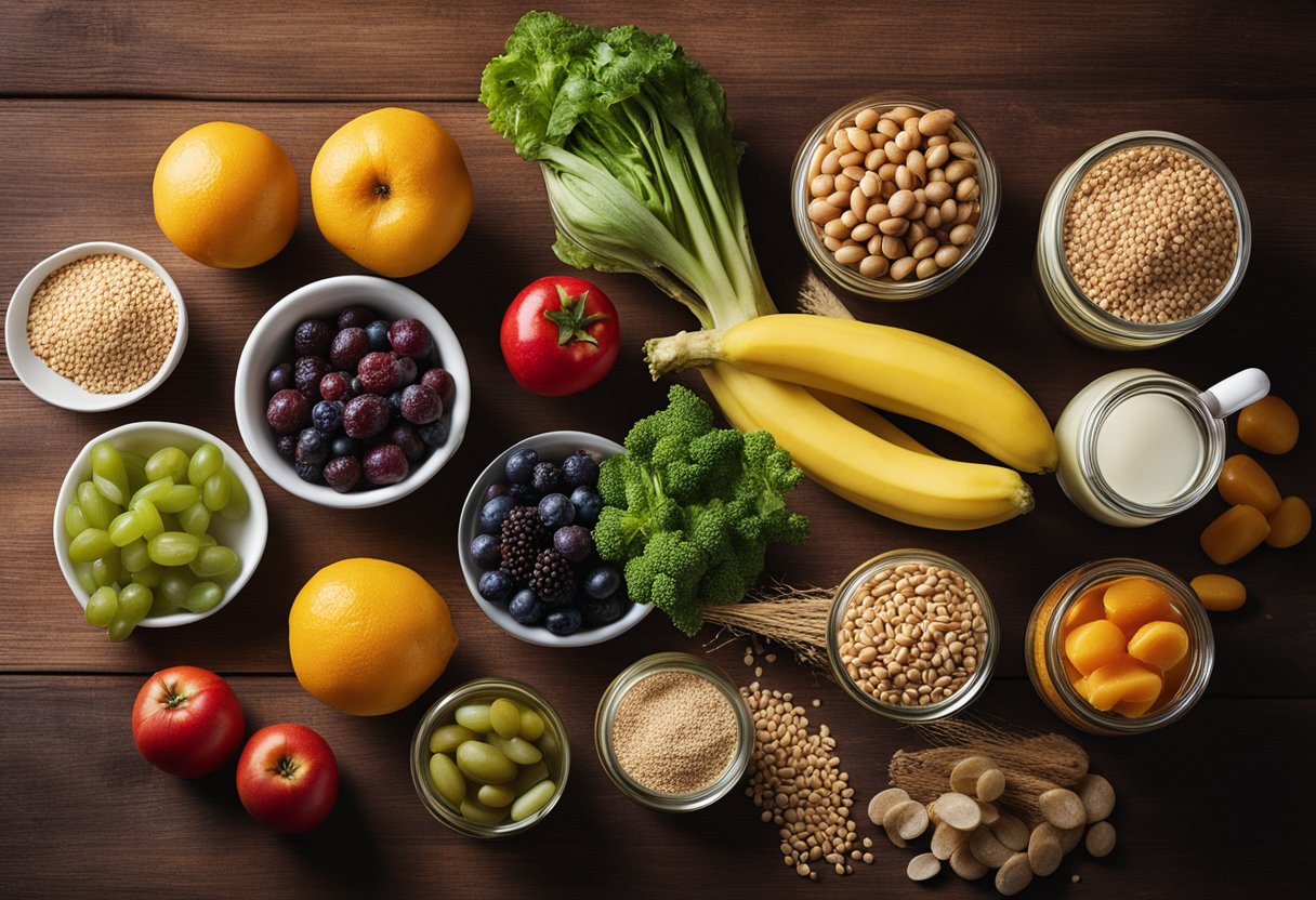 A variety of fruits, vegetables, and whole grains scattered on a wooden table, surrounded by colorful bottles of supplements and jars of fermented foods