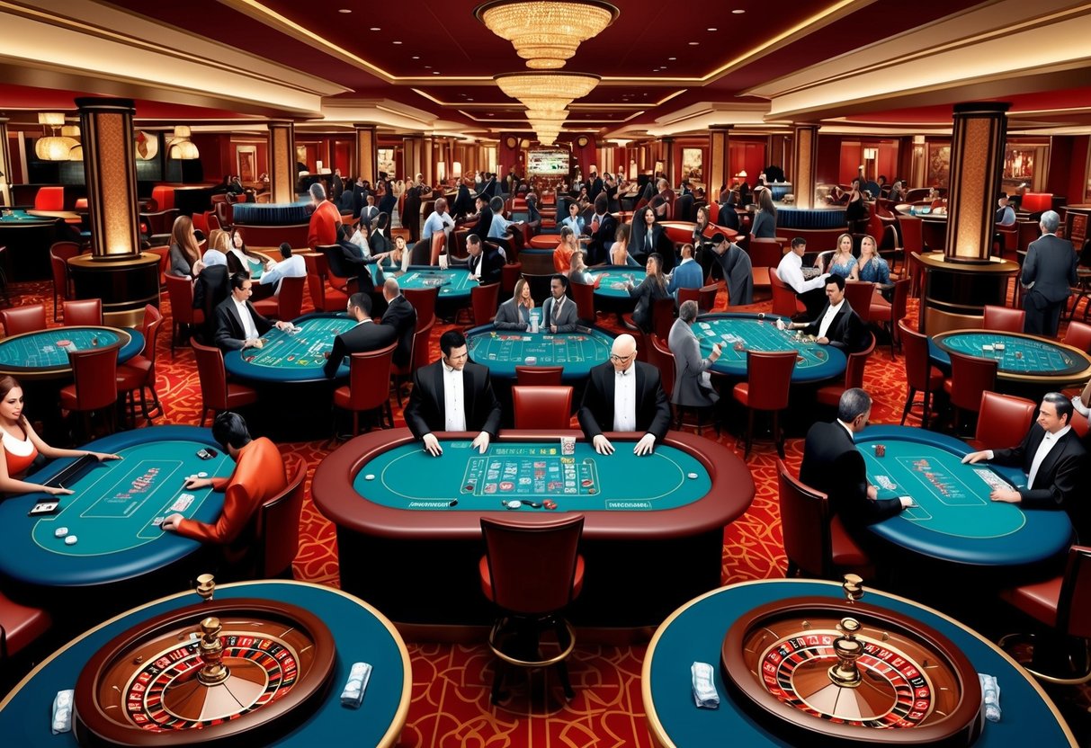 Un sol de casino animé avec divers jeux de table, y compris le blackjack, le poker et la roulette. Les joueurs et les croupiers sont engagés dans l'action.