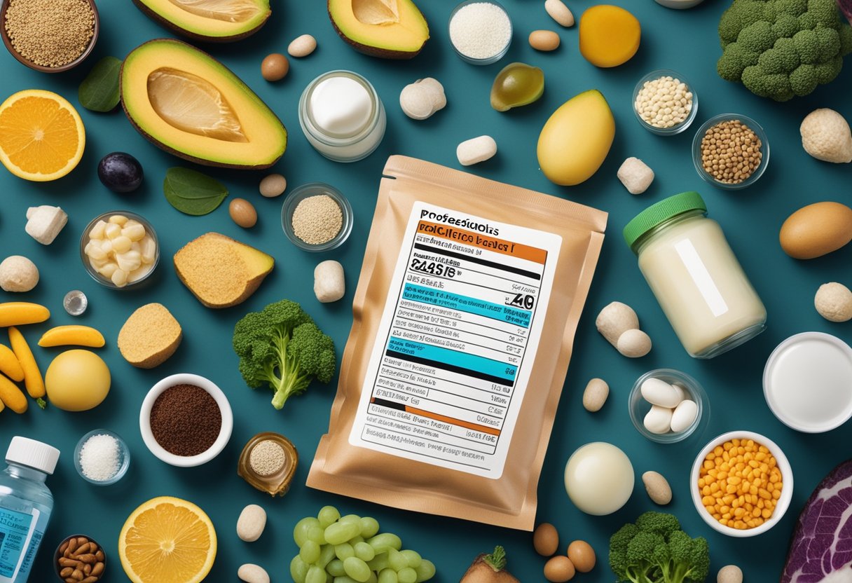 A colorful array of prebiotic-rich foods and supplements, with a caution sign and list of potential side effects displayed prominently