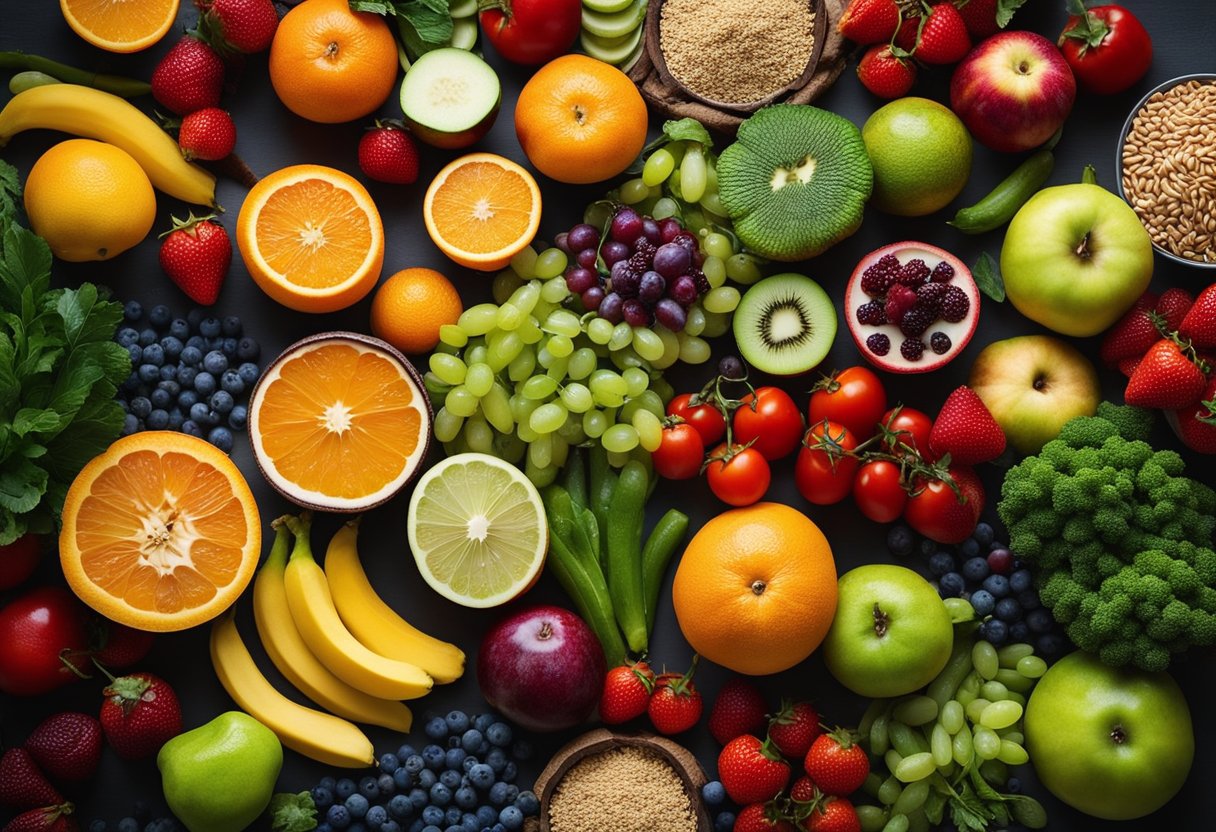 A variety of fruits, vegetables, and whole grains arranged in a colorful and appealing display