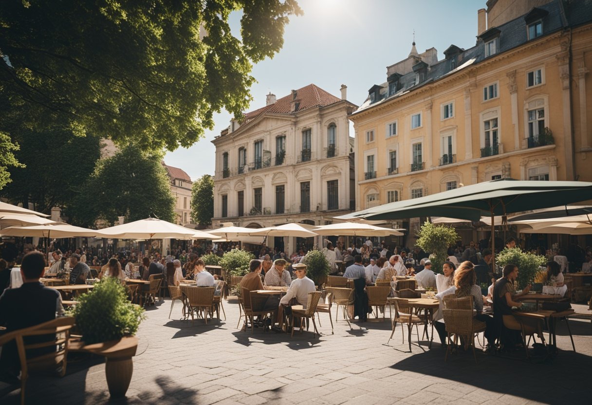 Judri miesto aikštė su žmonėmis, mėgaujančiaisis lauko kavinėmis ir gatvės artistais, apsupta istorinių pastatų ir žalumos