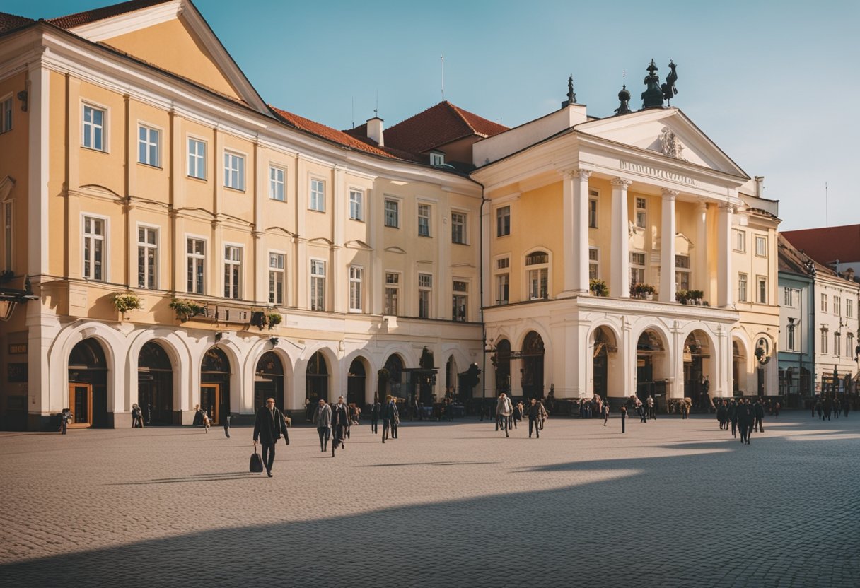 Vilniaus, Lietuvoje, judri miesto aikštė su ikoninėmis pastatų ir žymenų. Turistai ir vietiniai gyventojai tyrinėja šią teritoriją, kurioje dera tradiciniai ir modernūs elementai.