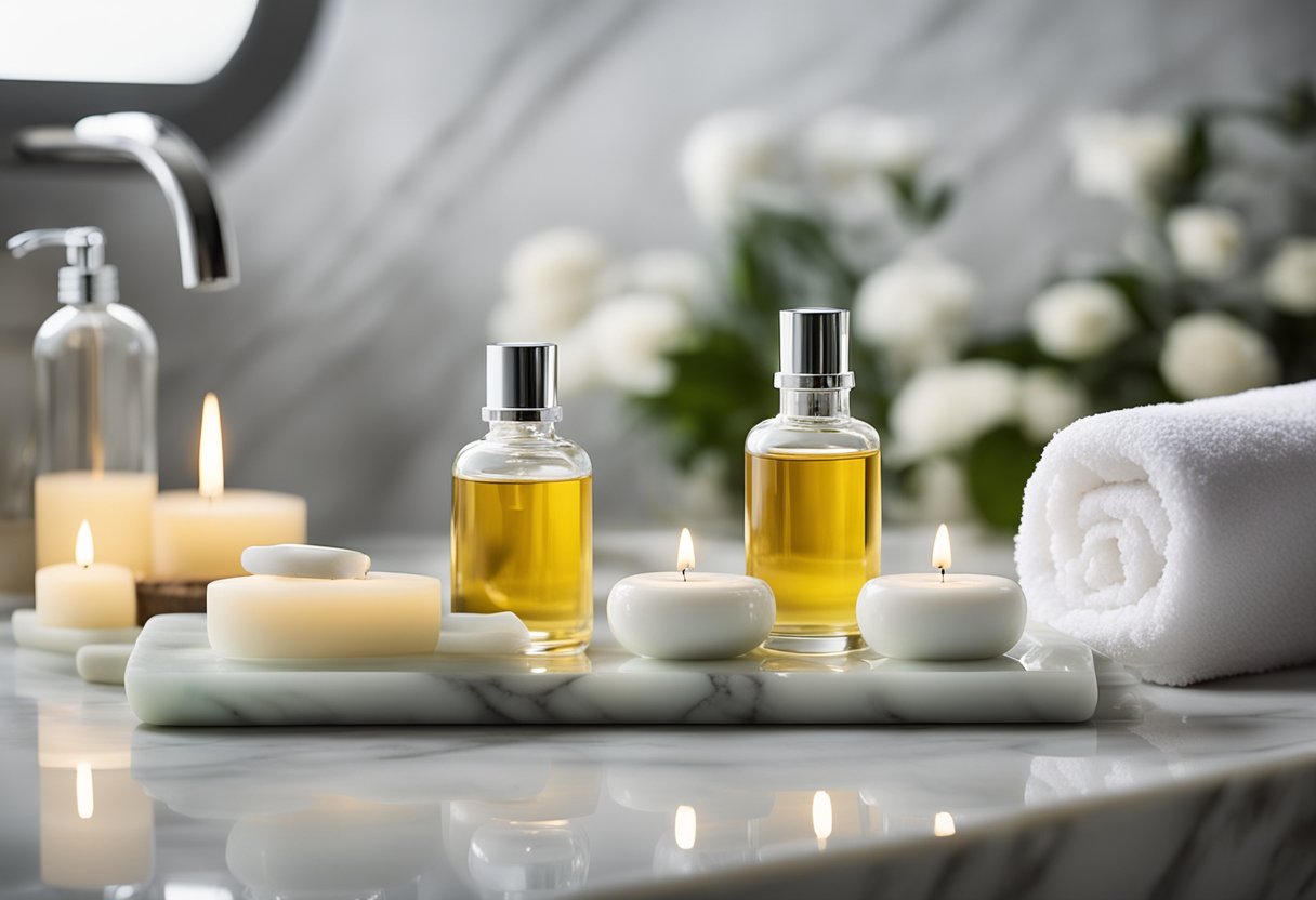 A serene, well-lit spa setting with a variety of facial rollers displayed on a sleek, marble countertop. Soft towels and soothing essential oils add to the ambiance