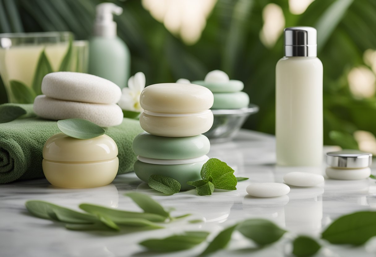 A serene spa setting with a variety of facial rollers displayed on a marble countertop, surrounded by lush greenery and soft, natural lighting