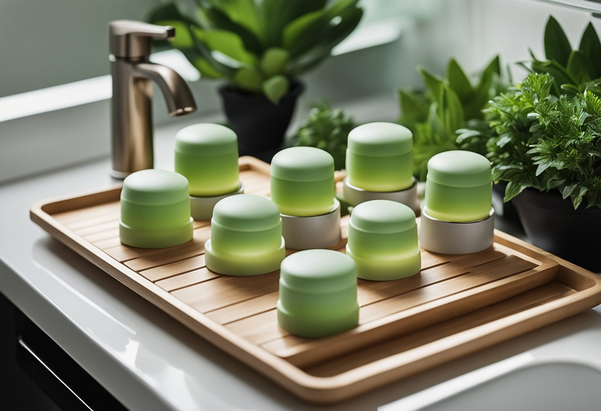 A serene, minimalist bathroom counter with a variety of facial rollers arranged neatly on a tray, surrounded by lush green plants and soft natural lighting