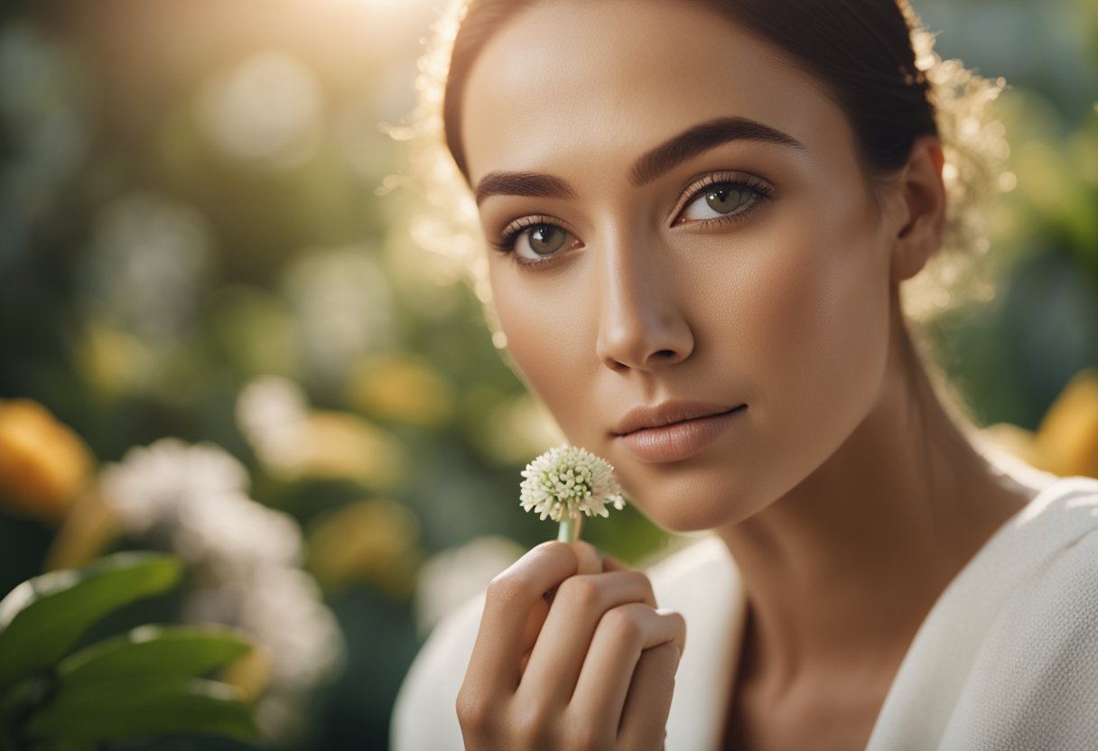 A serene woman's face with a facial roller gliding across her skin, surrounded by botanicals and soft lighting