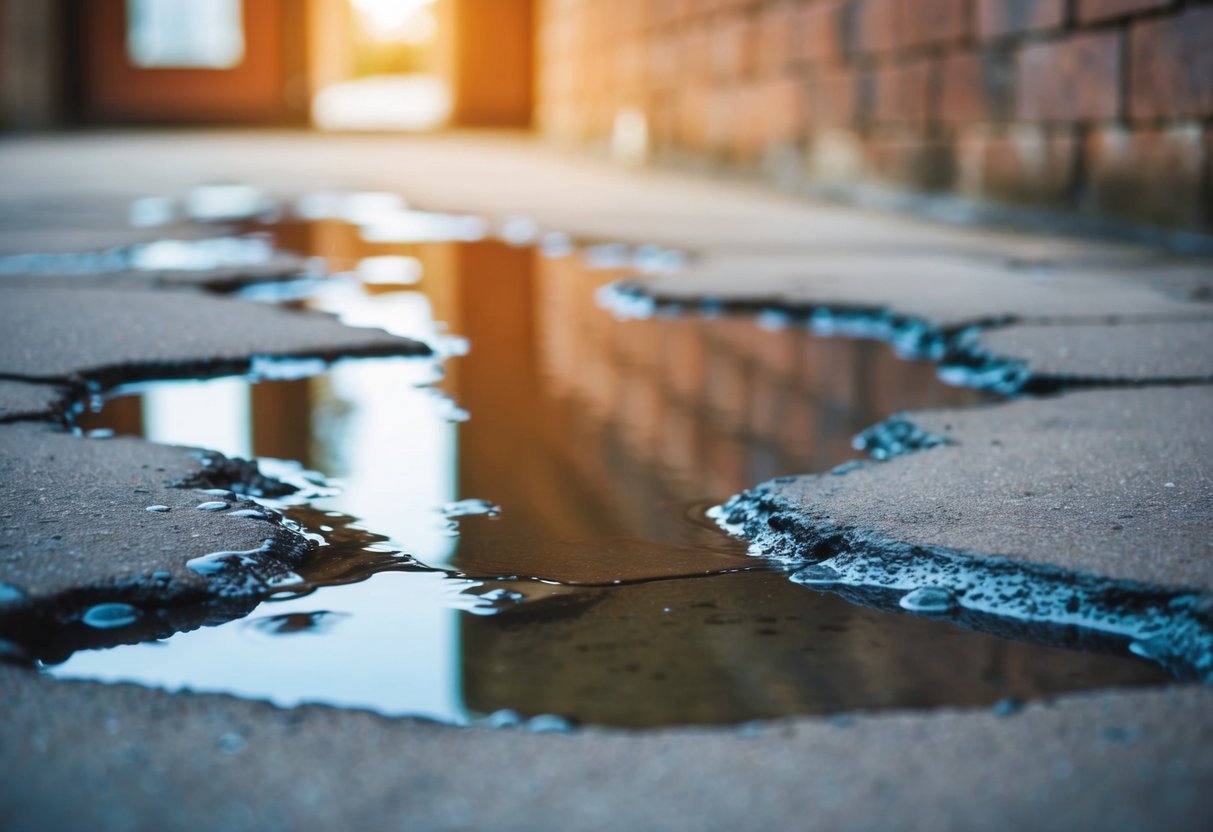 Water seeping through cracks in concrete floor, creating puddles and discoloration