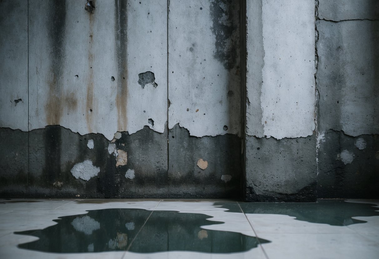 Damp, discolored concrete walls with peeling paint and visible mold patches. Water stains and puddles on the floor