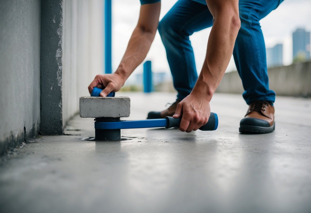 A person tapping concrete with a tool, listening for hollow sounds to detect a water leak underneath