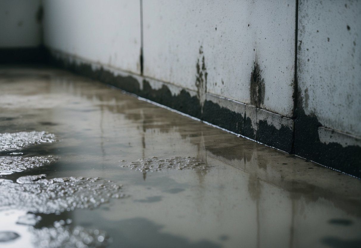 Damp concrete floor with visible water stains and mold growth