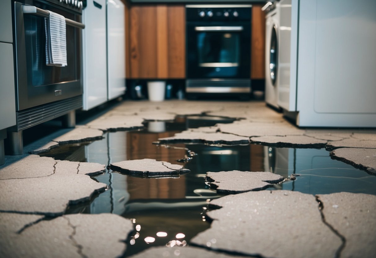 A cracked concrete floor with water seeping through, surrounded by various household appliances