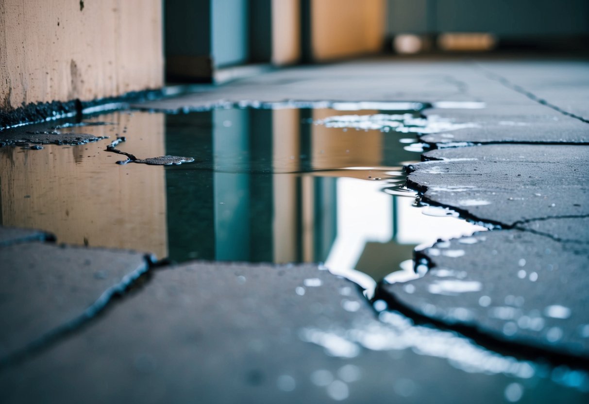 A section of concrete floor with water seeping up and forming puddles, surrounded by cracks and discoloration