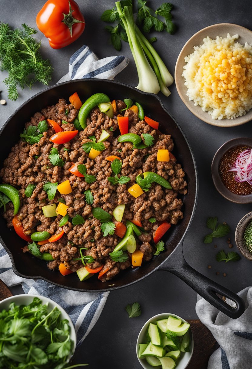 A skillet sizzling with seasoned ground beef, surrounded by colorful low-carb vegetables and herbs, ready for a keto dinner