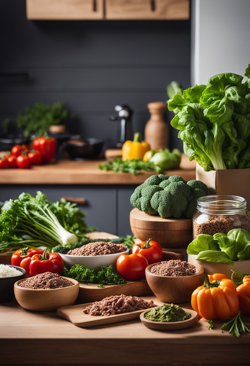 A kitchen counter with a variety of fresh vegetables, herbs, and spices, alongside a package of ground beef, ready to be used in keto dinner recipes