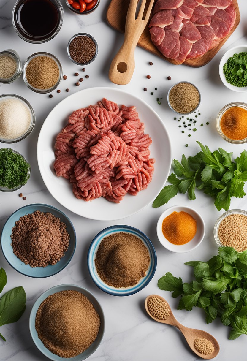 A kitchen counter with raw ground beef, various spices, and cooking utensils ready for keto recipe preparation