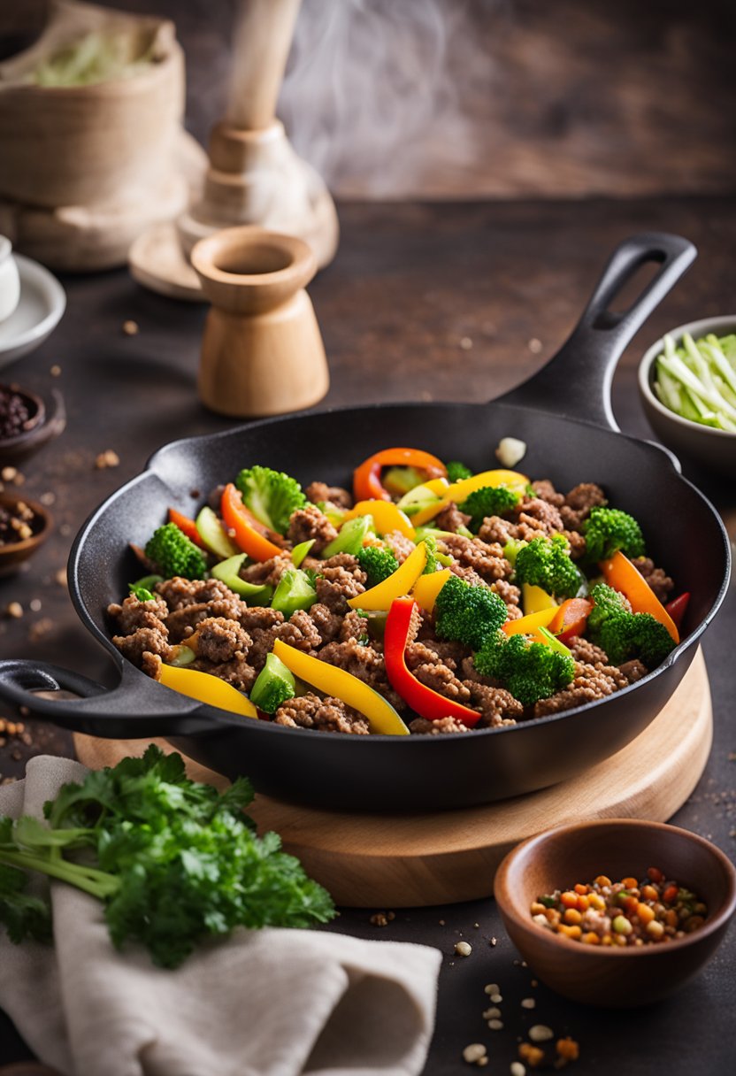 A sizzling skillet of keto ground beef stir-fry with colorful vegetables and aromatic spices, steaming and ready to be served for dinner