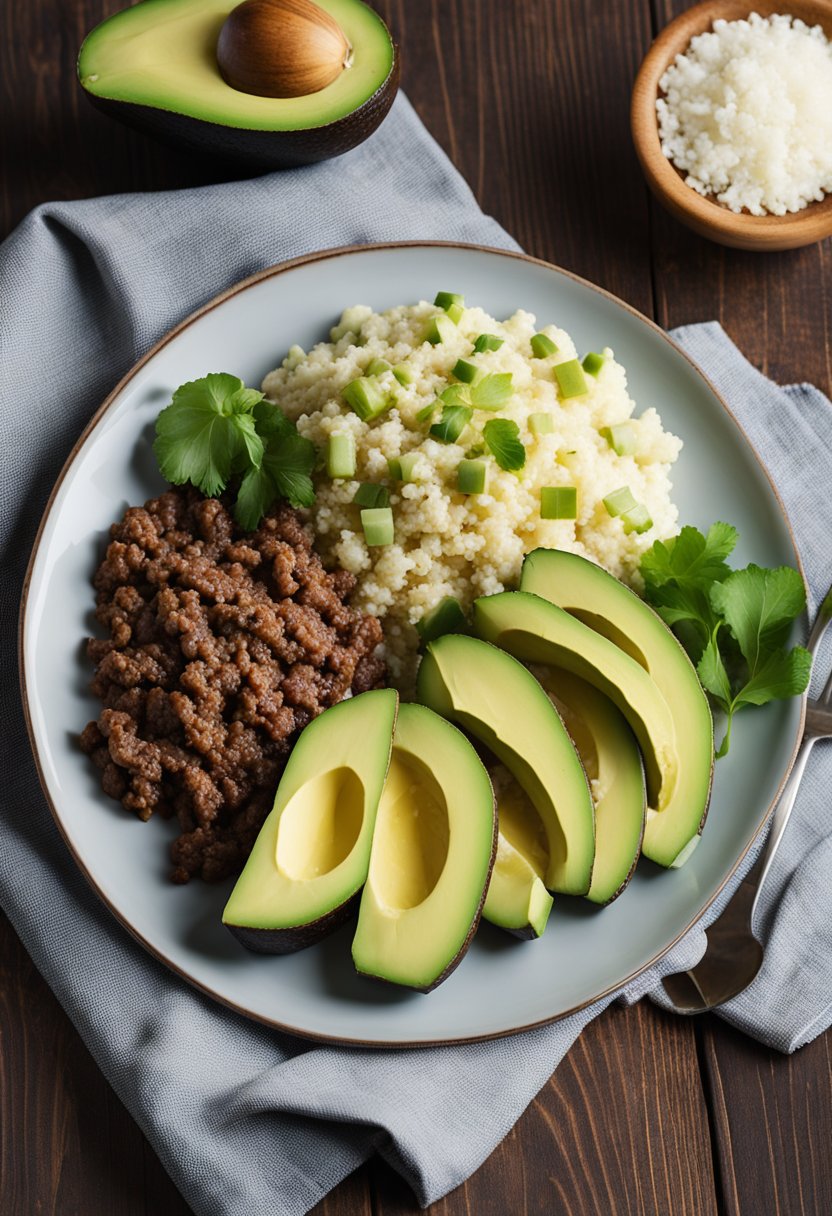 A plate with keto ground beef, cauliflower rice, and avocado slices on a wooden table