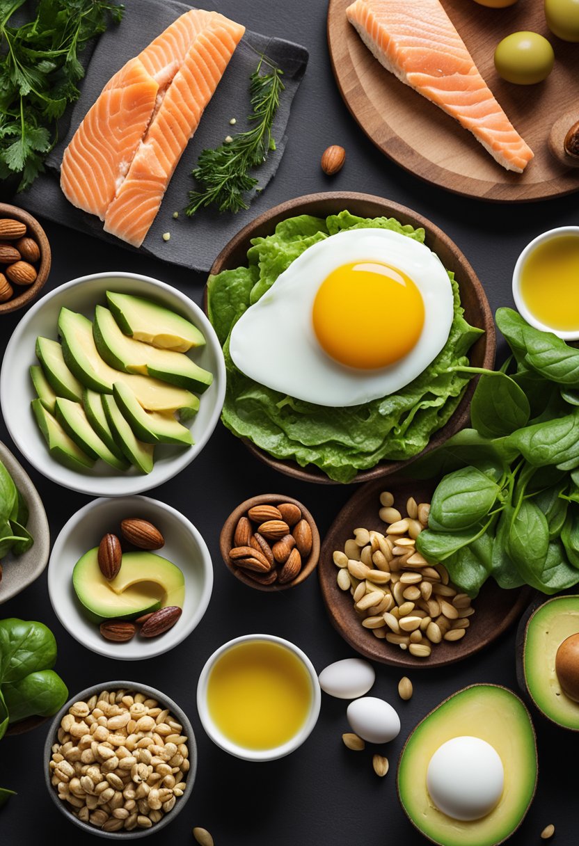 A table filled with keto-friendly foods: avocados, eggs, nuts, leafy greens, salmon, olive oil, and cheese