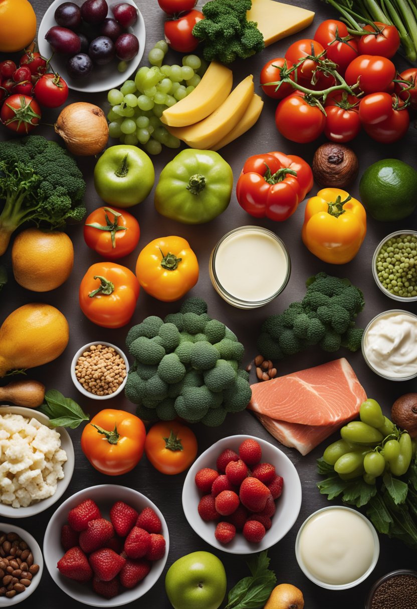 A colorful array of fresh produce, lean meats, and dairy products neatly arranged on a kitchen counter