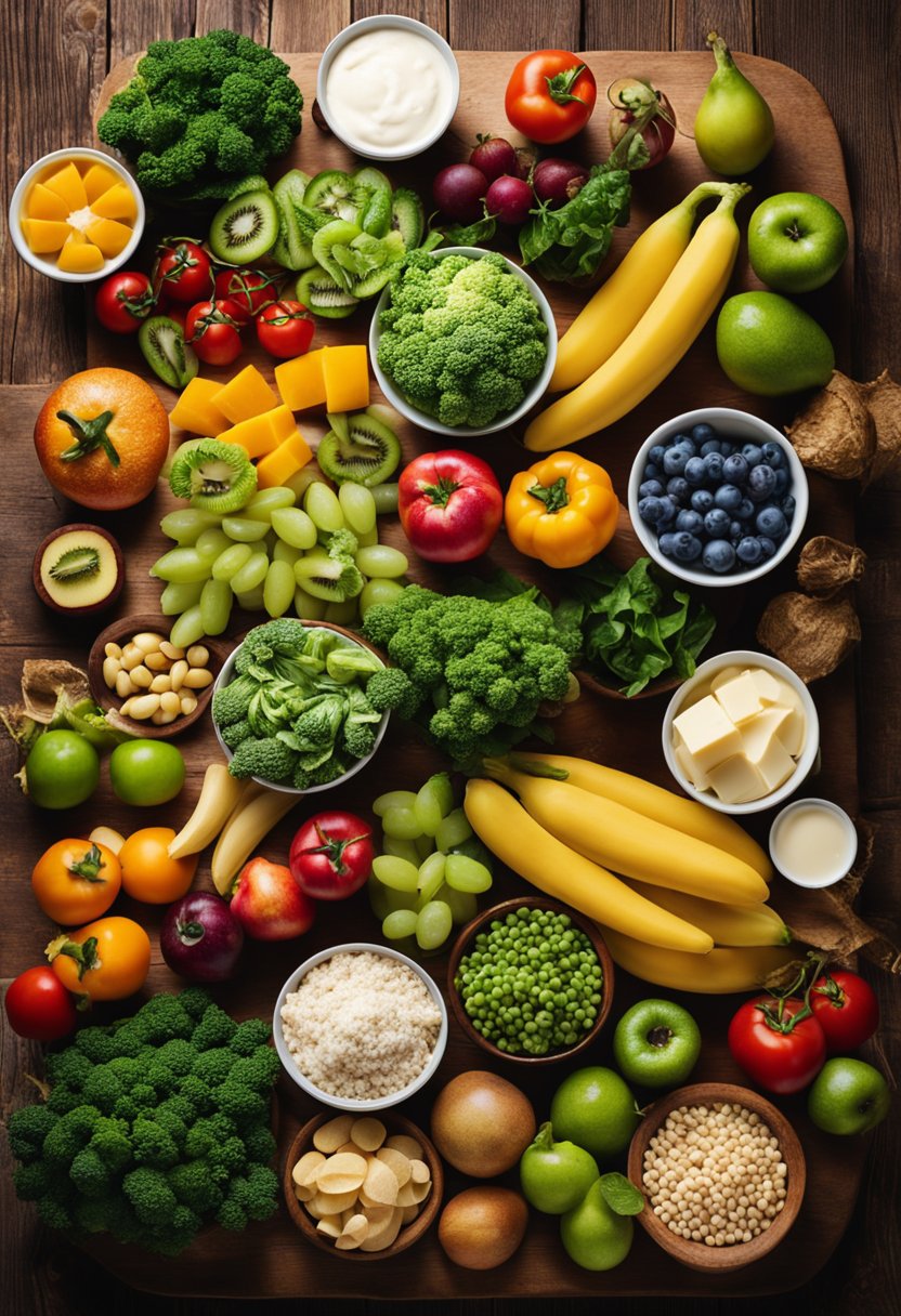 A colorful array of fresh produce and dairy items displayed on a wooden table