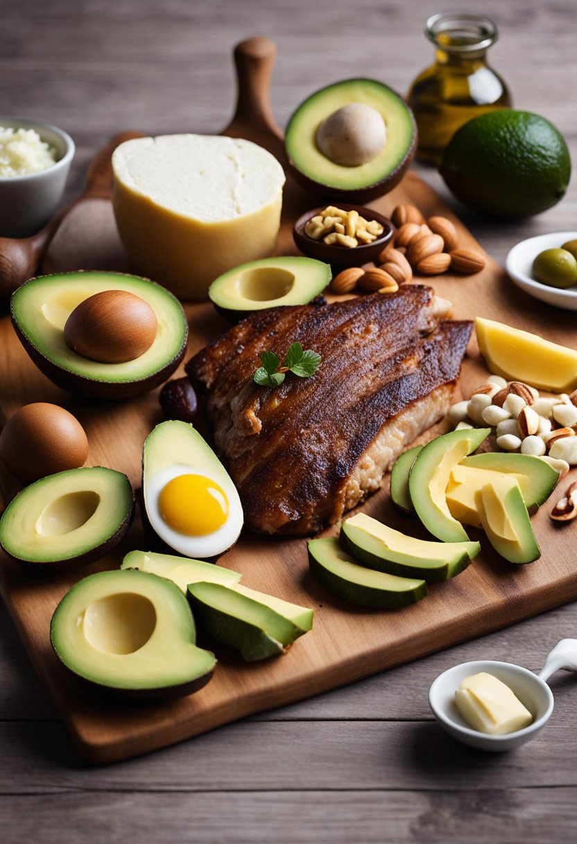 A variety of meats, fish, eggs, nuts, and avocados arranged on a wooden cutting board. Butter, cheese, and olive oil sit nearby