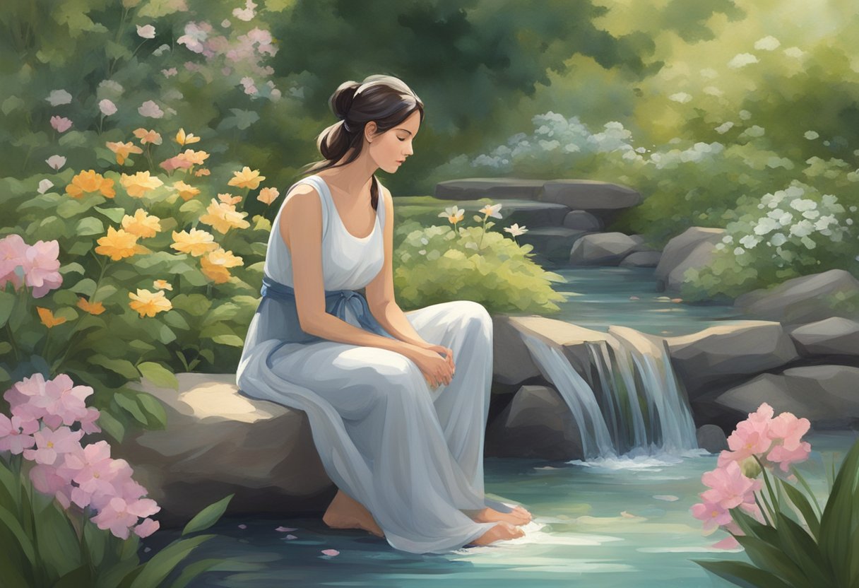 A serene figure sits cross-legged in a lush, tranquil garden, surrounded by blooming flowers and a gentle flowing stream