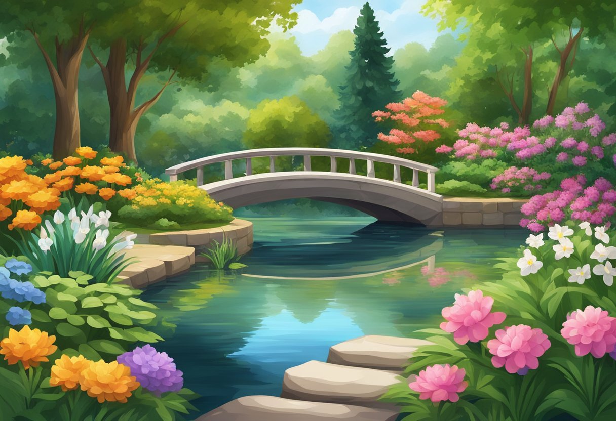 A serene, secluded garden with a tranquil pond, surrounded by lush greenery and colorful flowers, with a peaceful atmosphere