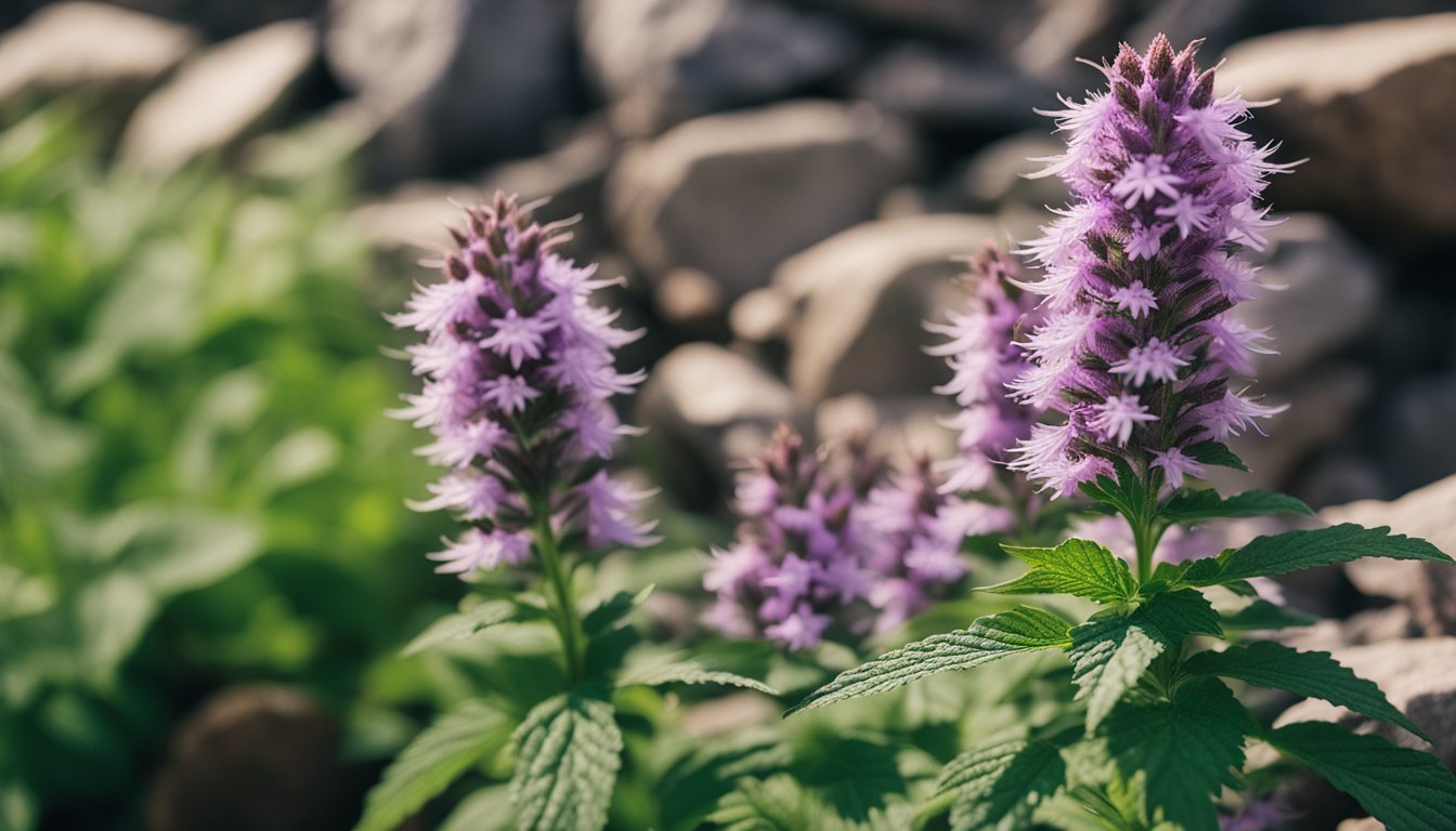 Motherwort's serrated leaves and pink-purple flowers rise against weathered stones