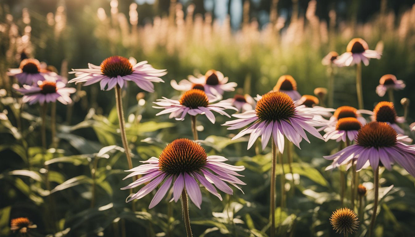 Tall Echinacea blooms with bronze cones and drooping purple petals in a sunlit garden, vintage copper marker nestled among green stems, native grasses dancing in the background