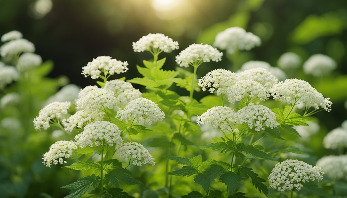 Clusters of creamy-white Meadowsweet flowers rise above ferny foliage in an early morning garden scene