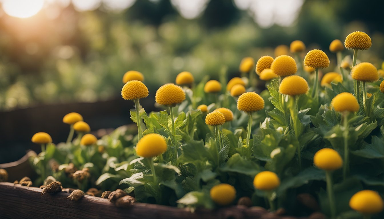 Spilanthes bloom in cedar beds with culinary herbs in a kitchen garden