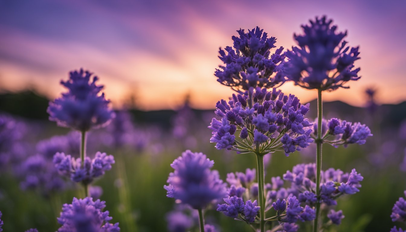 Clusters of lavender Wild Bergamot blooms create crown-like formations against the twilight sky