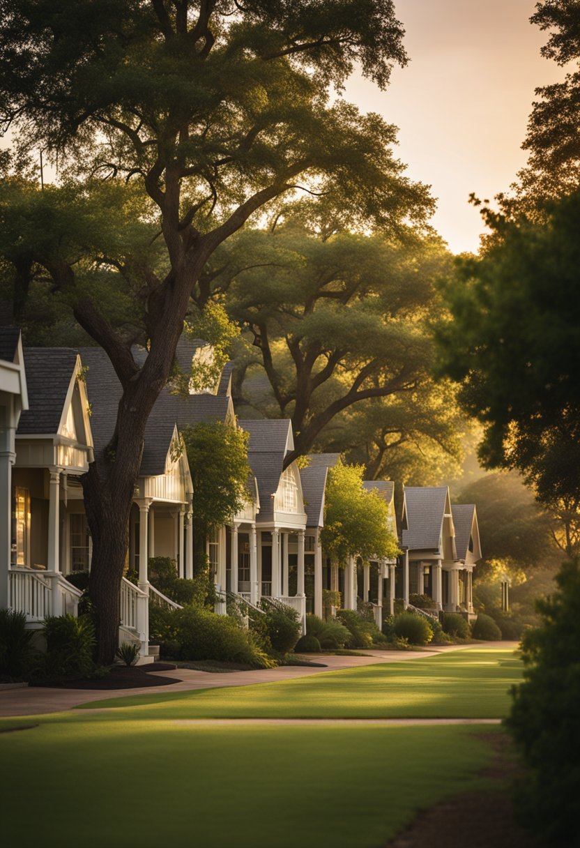 A quaint row of cottages nestled among lush green trees near Cameron Park in Waco, Texas. The sun sets behind the distant hills, casting a warm glow on the peaceful scene