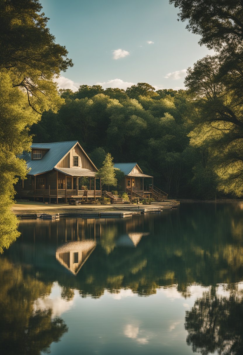 A serene lake nestled among towering trees, with cozy cabins and cottages dotting the shoreline near Cameron Park in Waco, Texas