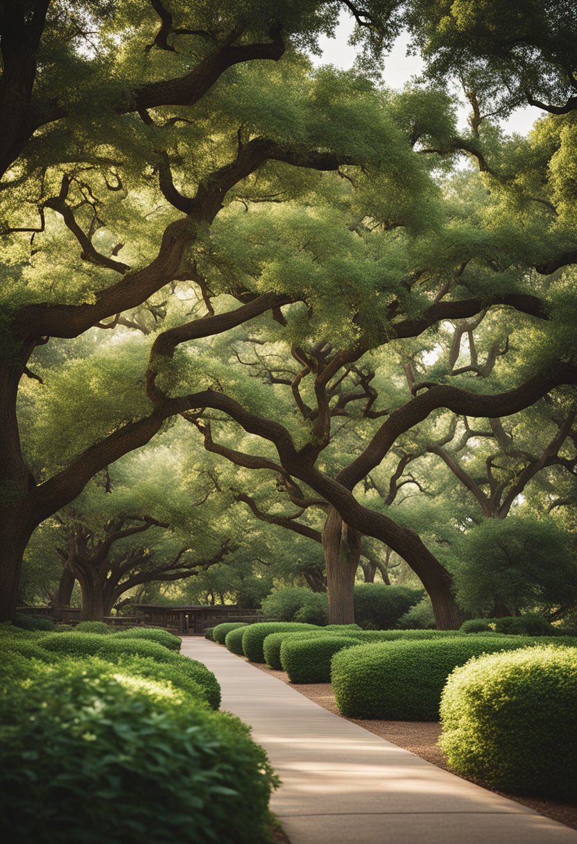 A lush green park with winding trails and tall trees, surrounded by a mix of modern and historic accommodations in Waco, Texas