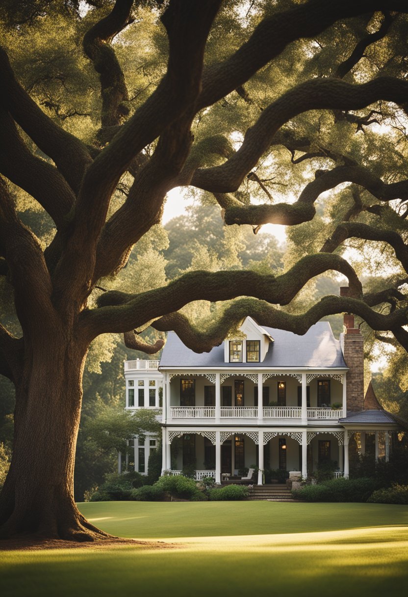 A cozy bed and breakfast nestled among towering oak trees, with a view of Cameron Park's lush greenery and winding trails