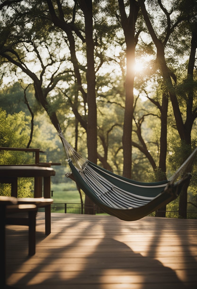 A cozy cabin nestled among tall trees with a view of Cameron Park in Waco, Texas. A hammock sways in the gentle breeze, inviting relaxation