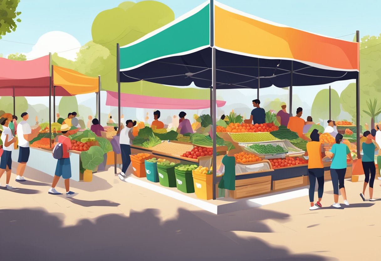 A vibrant market stall with an array of fresh fruits, vegetables, and whole grains, surrounded by people exercising in a lively outdoor setting