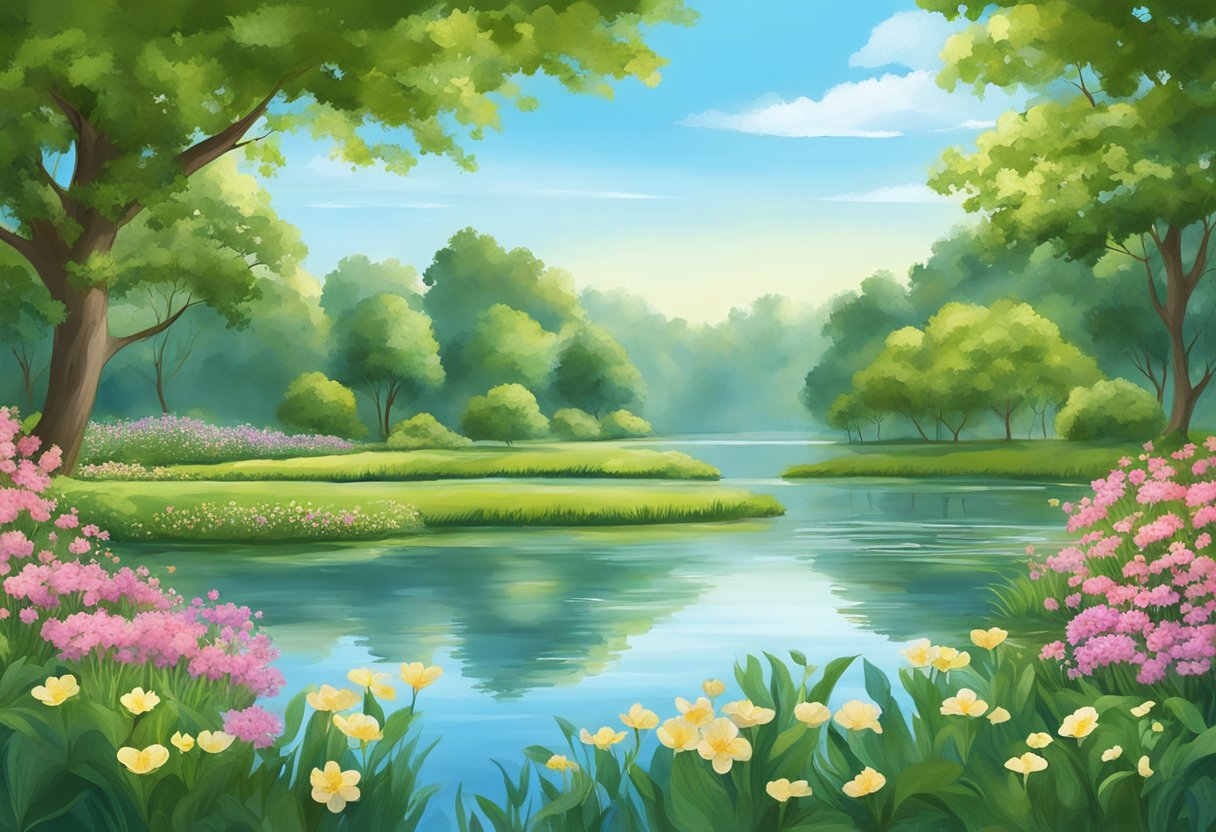 A serene landscape with a tranquil pond, surrounded by lush greenery and blooming flowers, with a clear blue sky overhead
