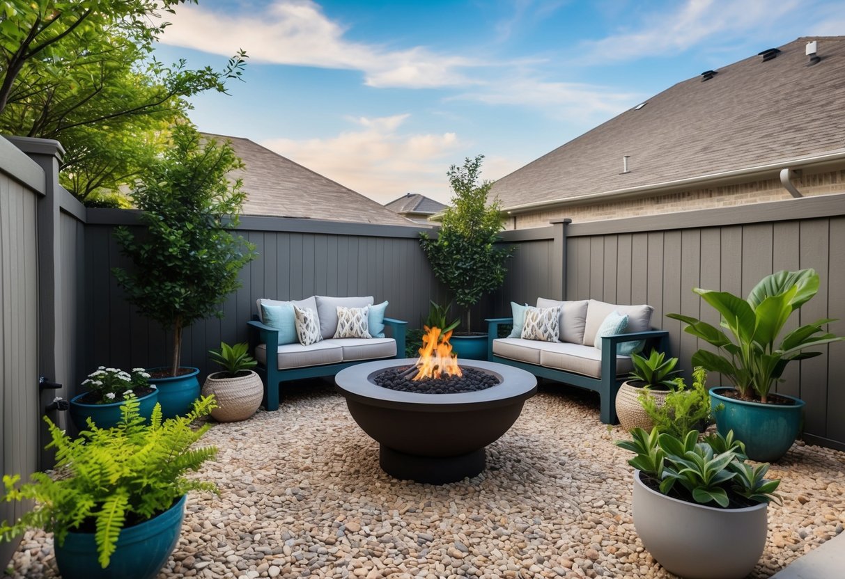 A small backyard with potted plants, a cozy seating area, and a fire pit surrounded by low-maintenance landscaping in a DFW suburban setting