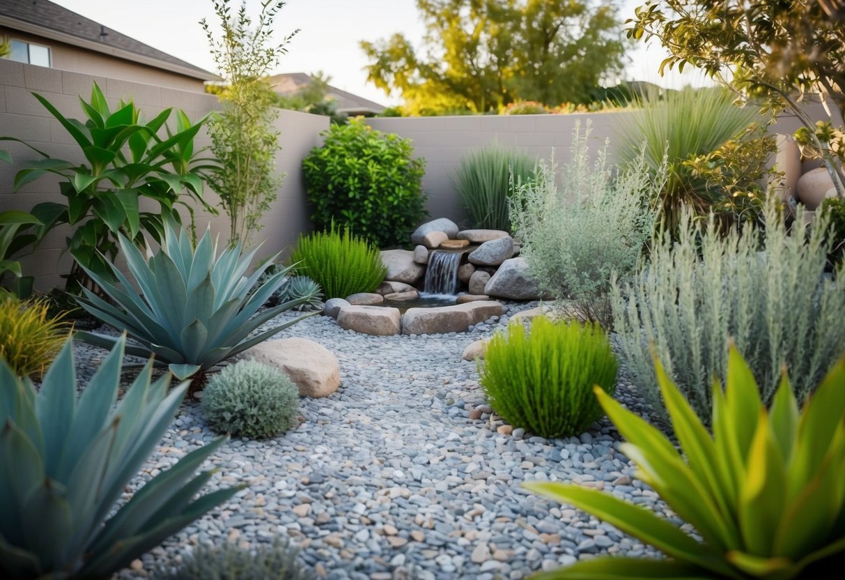 A serene backyard with native plants, gravel pathways, and a small water feature nestled among drought-resistant shrubs and trees