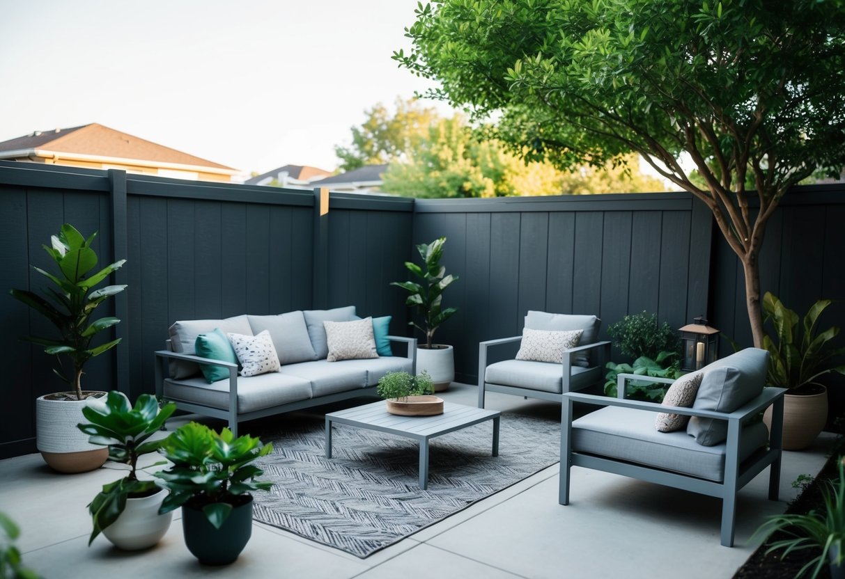 A backyard with simple, durable furniture and minimal landscaping, featuring easy-to-maintain plants and a functional outdoor living space